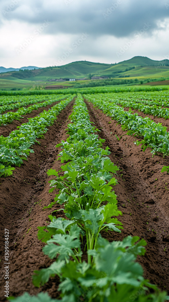 Lush green crops growing in precise rows in a fertile field with rolling hills and cloudy skies creating a vibrant rural landscape
Lush green crops growing in precise rows in a fertile field with rolling hills and cloudy skies creating a vibrant rural landscape