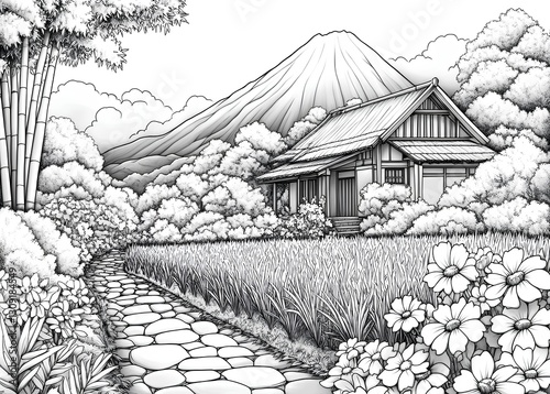 Coloring Mountain View with Traditional House and Garden Pathway