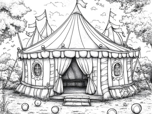Coloring Circus Tent with Flags and Balloons