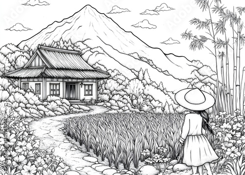 Coloring Serene Landscape with Mountain, House, and Pathway