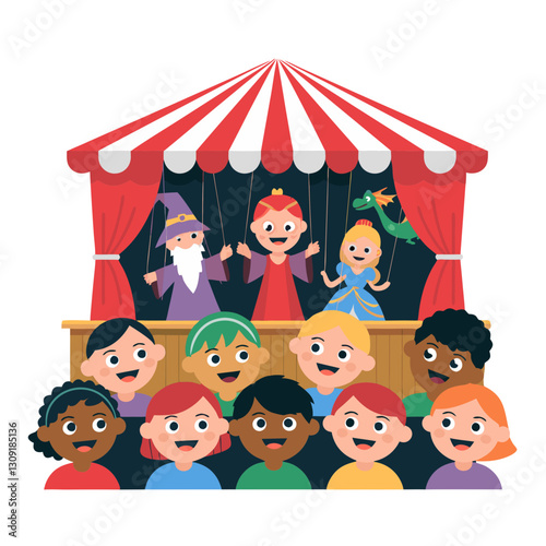 Colorful Puppet Show with Enthusiastic Audience Children Vector Illustration