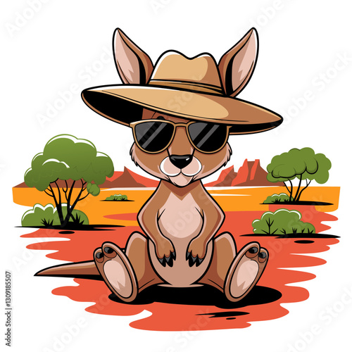 Cool Kangaroo in Sunglasses and Hat in Australian Outback Cartoon Vector