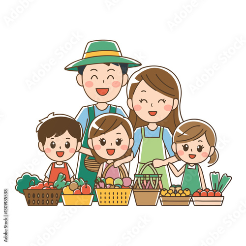 Happy Family Enjoying Farmers Market Shopping Fruits and Vegetables