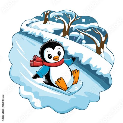 Cute Penguin Sledding on Snowy Hill Vector Winter Illustration for Kids