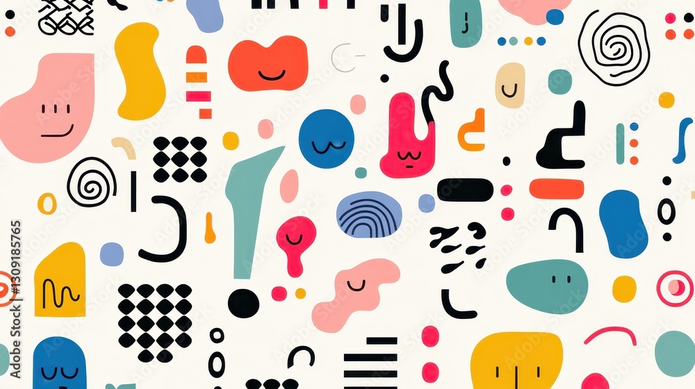 Colorful abstract shapes with smiley faces repeating seamlessly, forming playful geometric pattern across surface with dynamic, contemporary visual style Colorful abstract shapes with smiley faces repeating seamlessly, forming playful geometric pattern across surface with dynamic, contemporary visual style