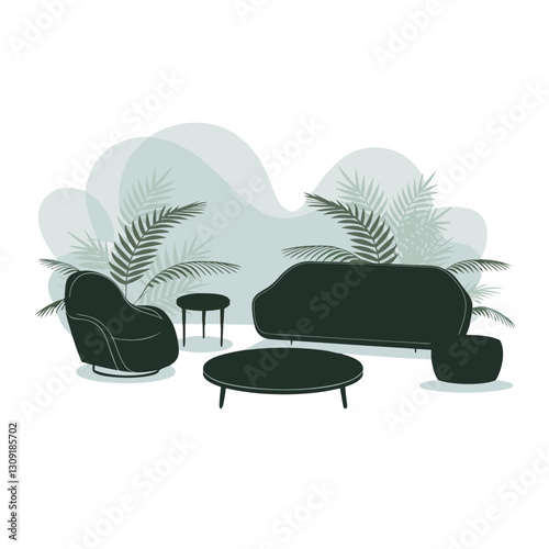 Vector Minimalist Lounge Furniture with Tropical Plants Interior Design