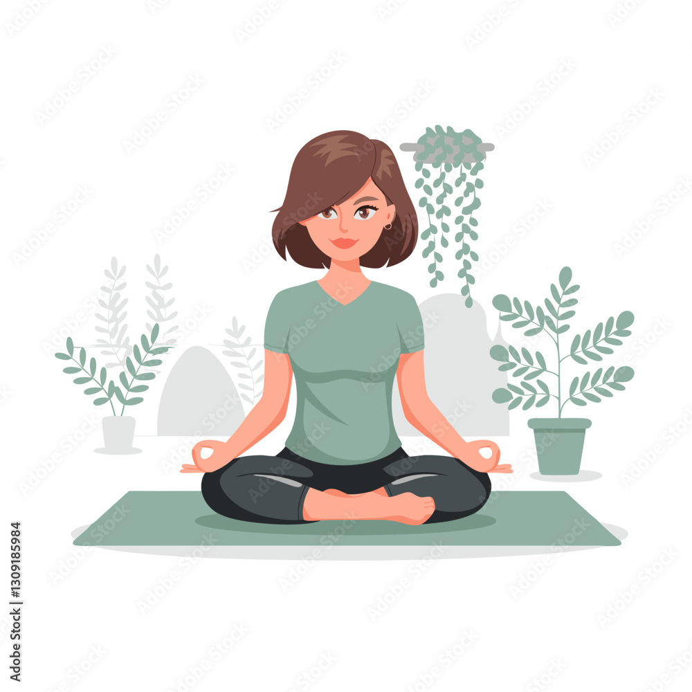 Woman Meditating Yoga Pose with Plants in Calm Outdoor Setting Vector Illustration Woman Meditating Yoga Pose with Plants in Calm Outdoor Setting Vector Illustration