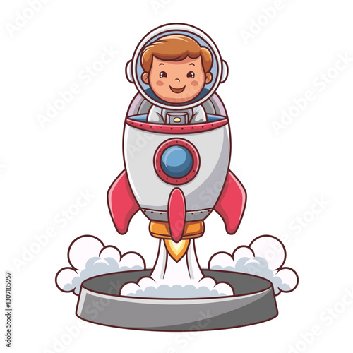 Cute Child Astronaut in Rocket Cartoon Illustration for Kids