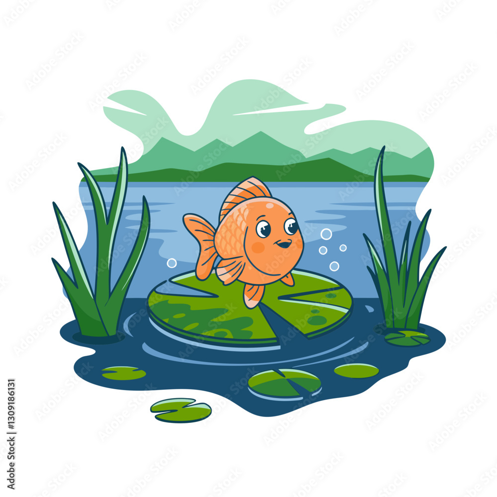 Fototapeta premium Cute Goldfish on Lily Pad in Tranquil Lake Vector Art for Children's Decor