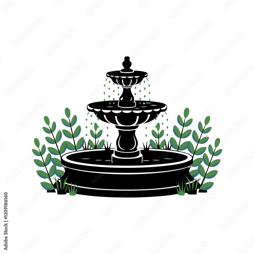 Elegant Water Fountain Vector with Greenery Perfect for Garden Design and Decor Projects Elegant Water Fountain Vector with Greenery Perfect for Garden Design and Decor Projects