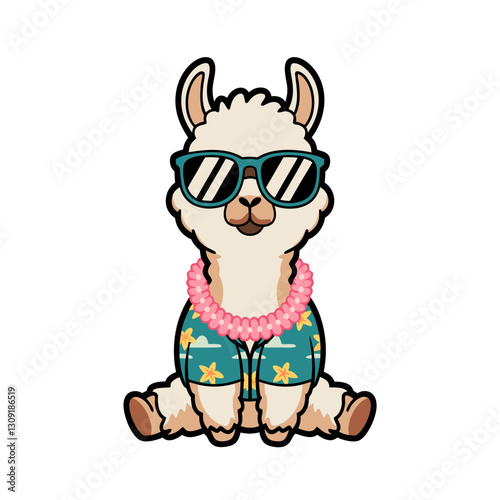 Cool Llama Wearing Sunglasses Hawaiian Shirt and Lei Illustration