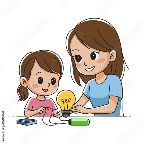 Mother and Daughter Learning Electricity STEM Education Vector Illustration