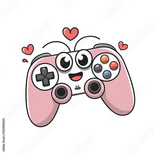Happy Pink Game Controller Cartoon with Heart Accents for Gaming Love Emojis