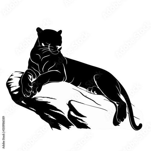 Black Panther Silhouette Resting on Rock Vector Illustration for Art and Design