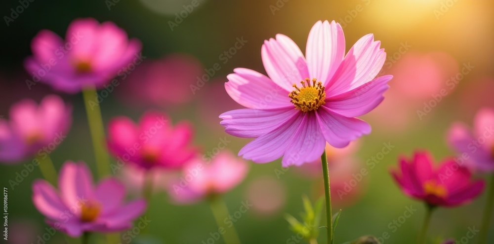 Pink cosmos blossoms in vibrant garden, sunlight dappled petals , delicate, sunlight Pink cosmos blossoms in vibrant garden, sunlight dappled petals , delicate, sunlight