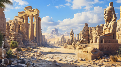 Panoramic photo of an ancient temple complex in the desert
