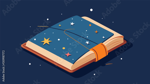 A worn leatherbound diary filled with pages devoted to sketches of the night sky and personal reflections on the symbolic meanings of each. Vector illustration