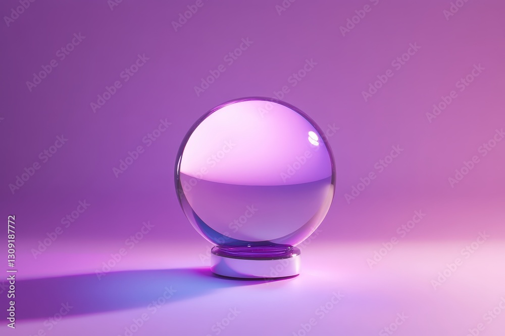 A clear crystal sphere sitting on a white reflective base