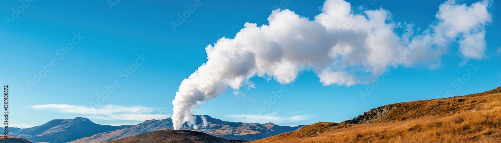 Breathtaking View of Geothermal Energy Plant Releasing Steam in Chaotic Landscape Under Blue Sky Breathtaking View of Geothermal Energy Plant Releasing Steam in Chaotic Landscape Under Blue Sky