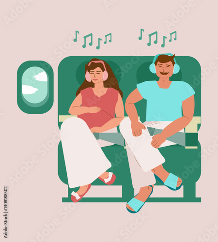 A young pregnant woman with husband sits in a seats on an airplane, smiles, listens to music on headphones alone and looks out the window. Relaxation, meditation, family flies to rest