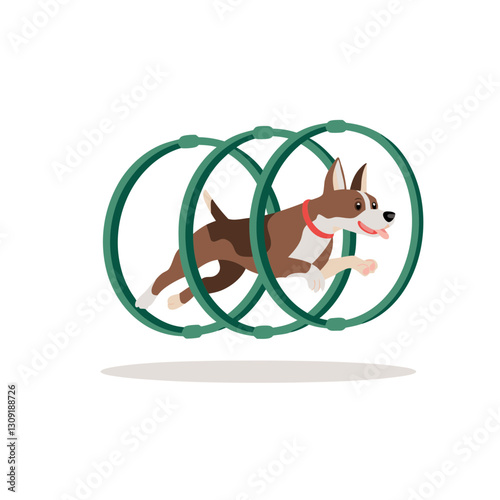 Dog Agility Training Puppy Jumping Through Hoops Vector Illustration
