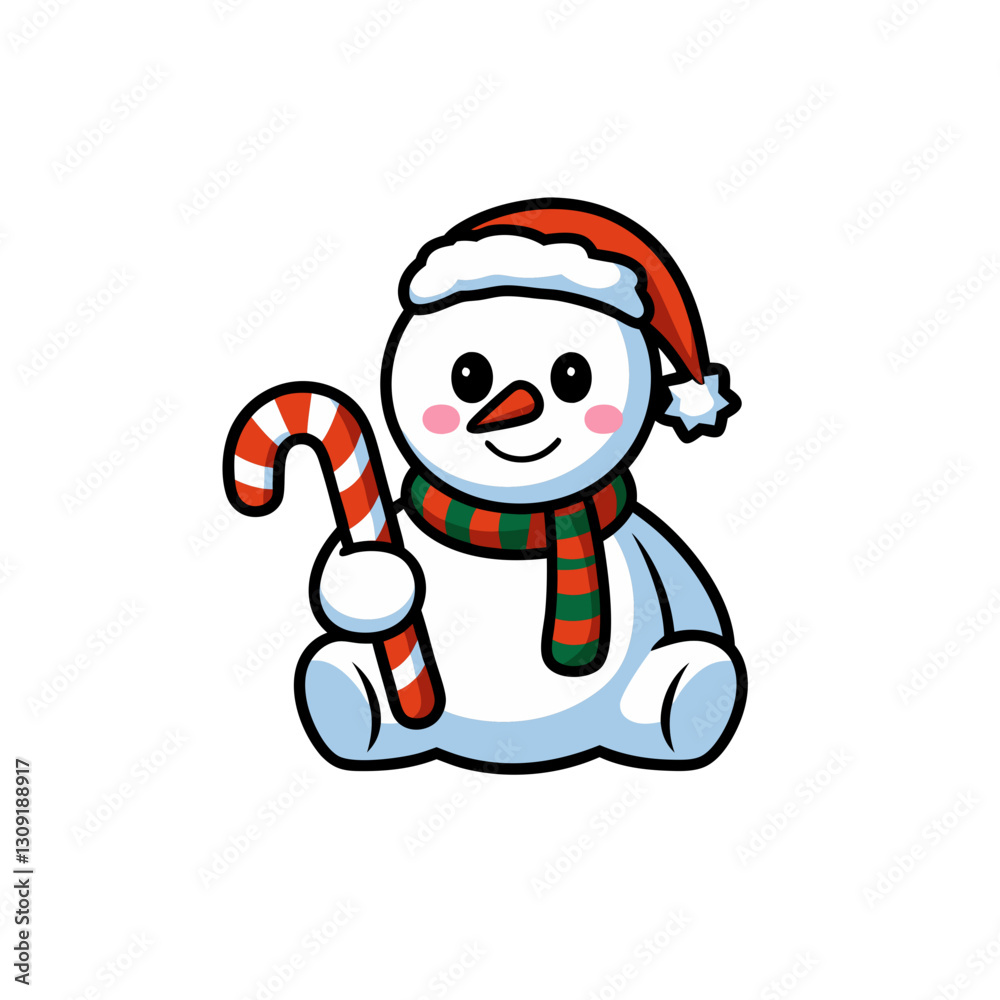 Cute Christmas Snowman with Candy Cane Vector for Holiday Decorations Cute Christmas Snowman with Candy Cane Vector for Holiday Decorations