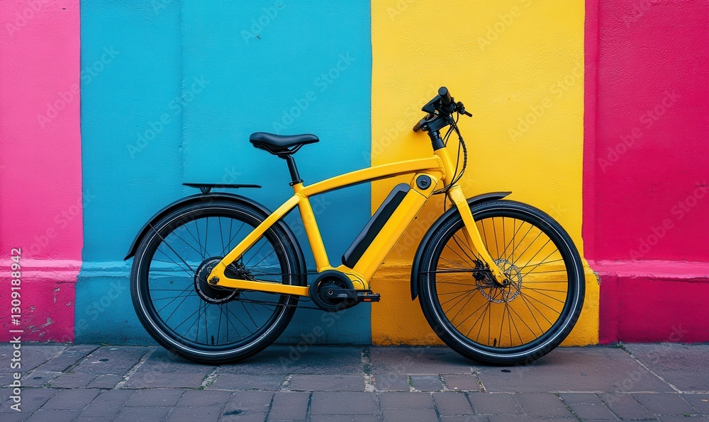 A vibrant yellow electric bike against a colorful wall.
