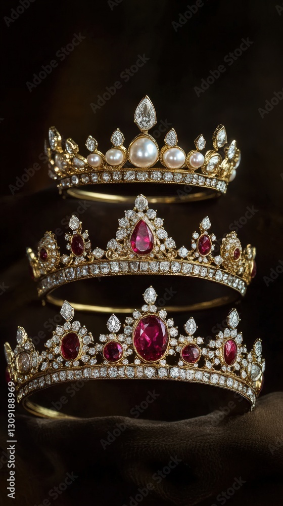Obraz premium Three Exquisite Tiaras Adorned With Pearls Rubies and Diamonds