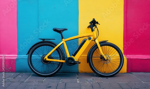 Obraz na płótnie A vibrant yellow electric bike against a colorful wall. w salonie