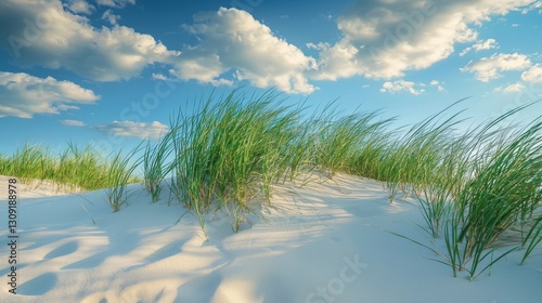 breathtaking sight of dunes adorned with vibrant beach grass, symbolizing steadfastness these plants bestow upon shifting sandy terrains and harmonious equilibrium they epitomize