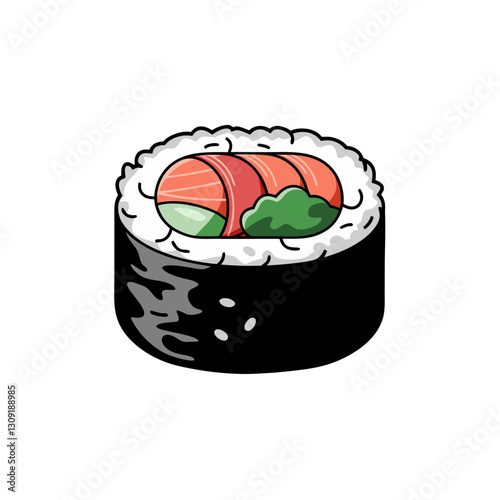 Vector Illustration of Delicious Sushi Roll with Salmon and Greens for Culinary Art