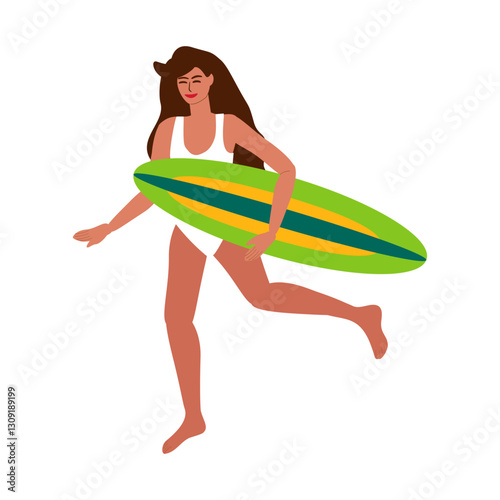 Young tanned woman in swimsuit running with surfboard, extreme sport - vector color flat illustration for banners, postcards, posters, flyers