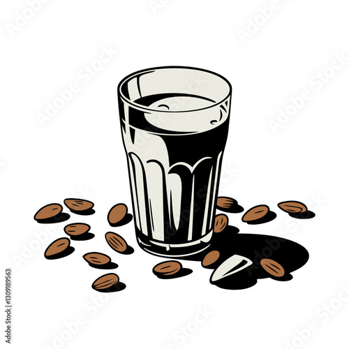 Almond Milk Glass with Scattered Nuts Vector Illustration for Health and Nutrition Design