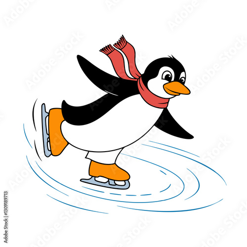 Cute Penguin Ice Skating with Red Scarf for Winter Vector Illustration