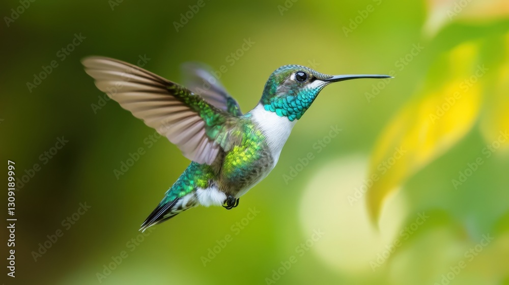 Obraz premium Vibrant hummingbird hovering near colorful foliage in a lush green environment, showcasing nature's beauty