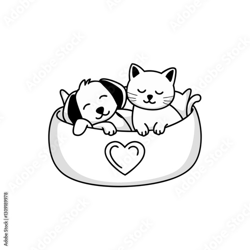 Cute Vector Illustration of Sleeping Puppy and Kitten in Heart Decorated Pet Bed