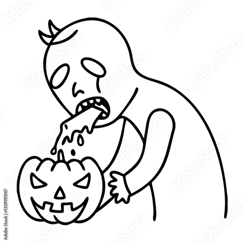Halloween Line Art Sad Figure with Jack-O-Lantern Vomiting Vector