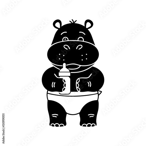 Cute Baby Hippo Holding Bottle Vector Art for Nursery Decor and Baby Shower