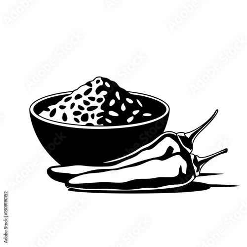 Black and White Vector Illustration of Bowl with Sesame Seeds and Chili Peppers for Culinary Art