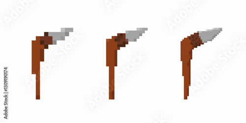Three pixelated tools shown in retro style. each pixel art pickaxe has a wooden handle with a metal tip.