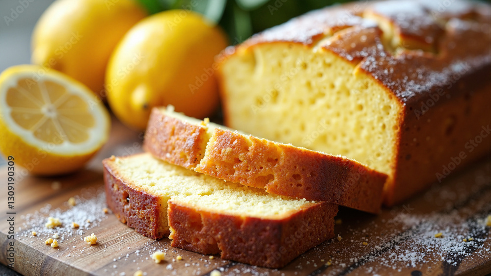 Homemade Moist Lemon Pound Cake: Golden Sliced Loaf on Rustic Wooden Board - Perfect for Easter Brunch Menus, Bakery Promotions, or Food Blog Recipe Features Homemade Moist Lemon Pound Cake: Golden Sliced Loaf on Rustic Wooden Board - Perfect for Easter Brunch Menus, Bakery Promotions, or Food Blog Recipe Features