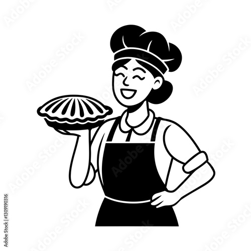 Smiling Cartoon Baker Woman Holding Fresh Pie in Chef Hat and Apron Vector Illustration
