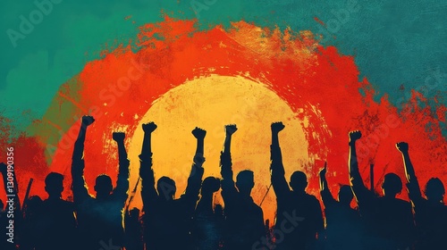Silhouettes of diverse protesters raising fists at sunset
