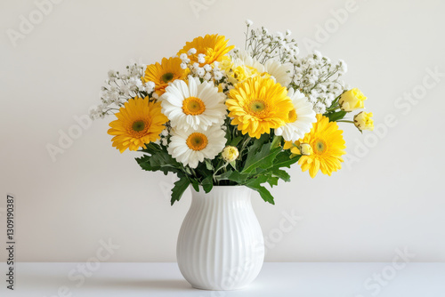 Wallpaper Mural White and yellow daisies and gypsophila flowers create a lovely bouquet in a white vase, giving a touch of freshness. Torontodigital.ca