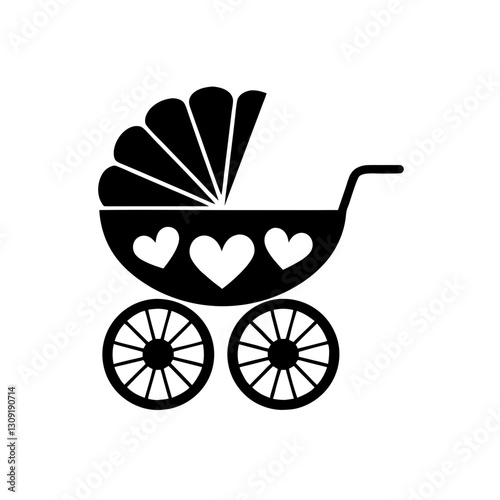 Black Silhouette Vintage Baby Carriage with Heart Accents for Nursery Decor