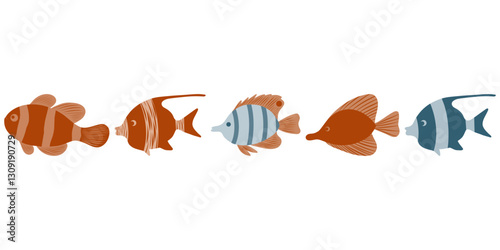 Hand drawn different fish set, blue and orange fish set, school of fish clipart