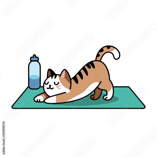 Cute Cat Stretching on Yoga Mat with Water Bottle Cartoon Vector