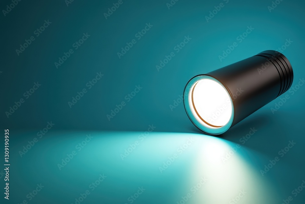 The illuminated flashlight shines light on a teal blue surface The illuminated flashlight shines light on a teal blue surface