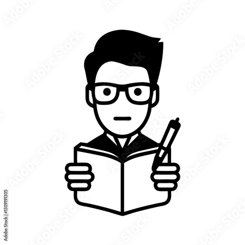 Vector Illustration Person Reading Book with Glasses Pen Insightful Learning Concept