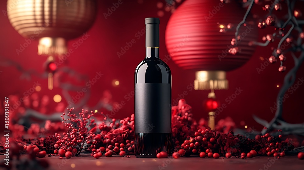 Fototapeta premium Red wine bottle displayed with hanging lanterns, floral decorations, and red background